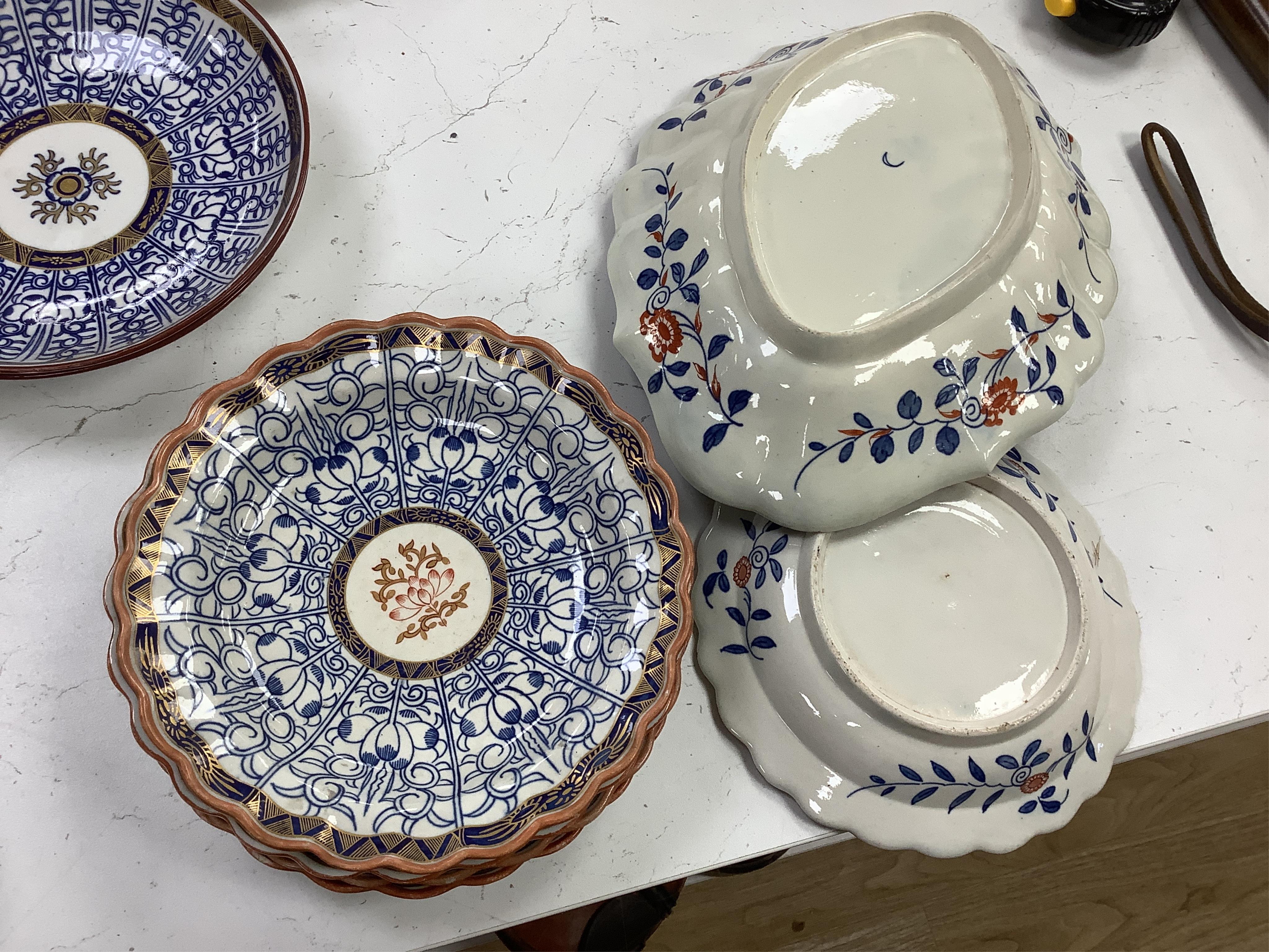A collection of Worcester Royal Lily pattern tea, coffee and dessert wares and two similar dishes, late 18th/early 19th century